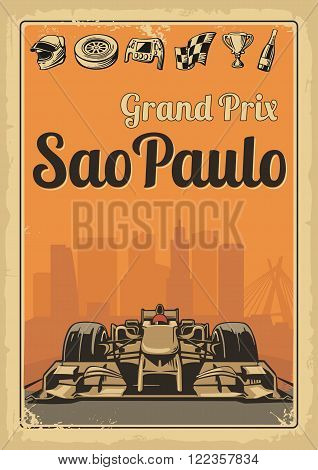 Set symbols - racing sport car, cup, helmet, finish flag, wheel, champagne. Vector illustration for poster, logotype, web with old paper texture background