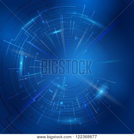 Abstract technology background of circular lines and rays. Modern blue backdrop with light effects. Qualitative vector illustration for digital industry hi-tech science engineering computer systems etc. It has transparency blending modes gradients