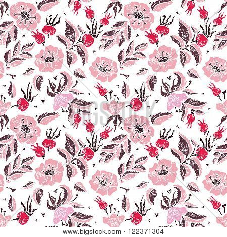 Wildrose and leaves vector seamless pattern on white
