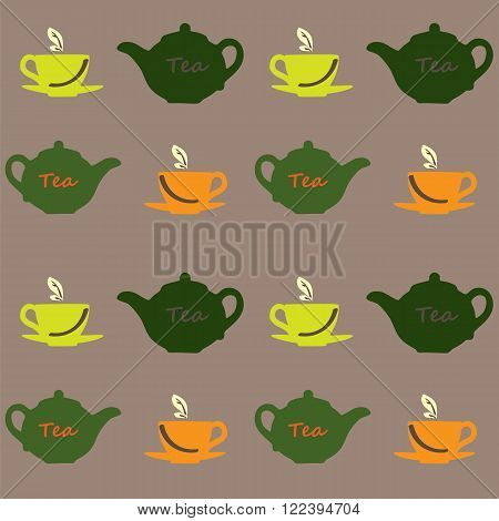 Seamless vector pattern with tea pots and tea cups on a beige background. Vector illustration. Set