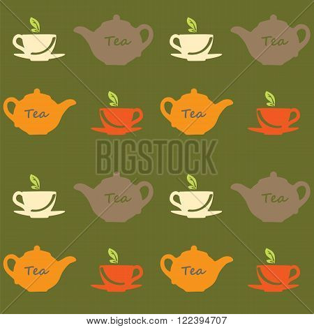 Seamless vector pattern with tea pots and tea cups on a green background. Vector illustration. Set