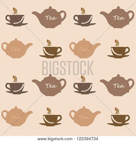 Seamless vector pattern with tea pots and tea cups on a beige background. Vector illustration. Set