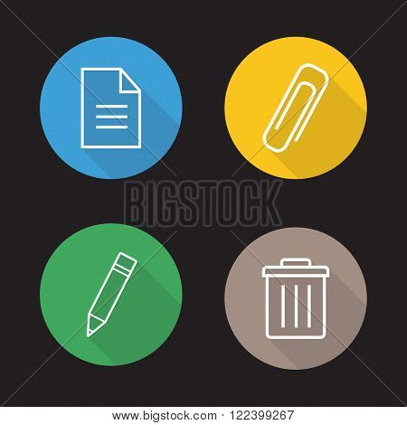 File editor flat linear icons set. New text document, attachment clip symbol, pencil edit button, trash bin. Long shadow outline logo concepts. App interface elements. Vector line art illustrations.
