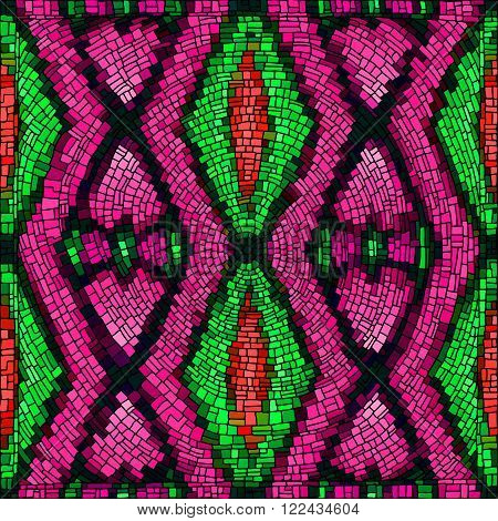 Geometrical background with bright mosaic drawing. Seamless patterns. Vector illustration.