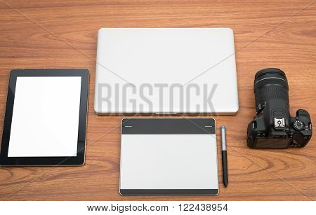 Dslr Digital Camera With Tablet And Notebook Laptop