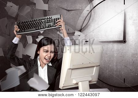 Asian business get angry because overtime work. Business overtime conceptual