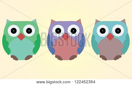Illustrated set of owls on yellow background