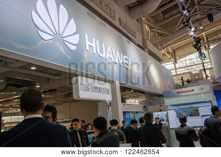 HANNOVER, GERMANY - MARCH 14, 2016: Booth of Huawei company at CeBIT information technology trade show in Hannover, Germany on March 14, 2016.
