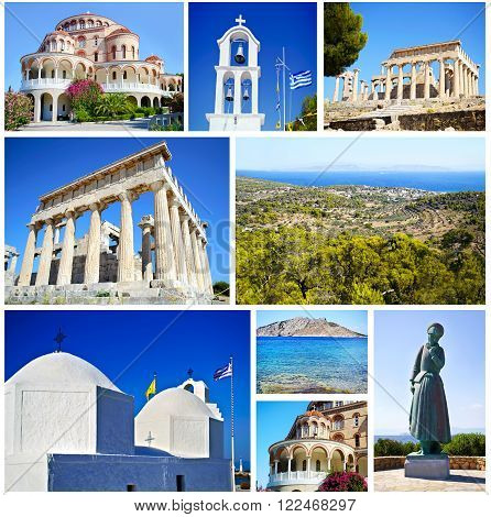 collage of Aegina island Greece - saint Nectarios church - temple of Aphaia
