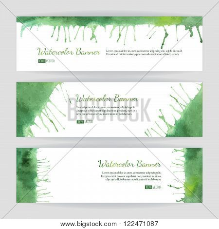Set of hand painted watercolor horizontal banners headers. Colorful abstract green spring summer brush stocks and splashes on a white backgrounds. Modern graphic design template. Marketing concept