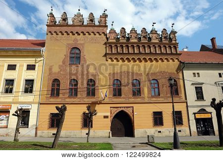 Levoca PRESOV SLOVAKIA - MAY 01 2014: Street and old historical building with fresco in Levoca town Slovakia.