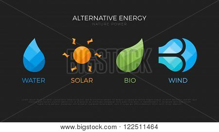 Alternative energy sources. Templates for renewable energy or ecology logo. Nature power symbols. Origami.