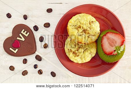 chocolate heart fruits and curd on the table