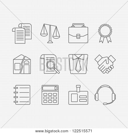 Vector set of modern flat line icons for law firm includes blank icons, tariffs, division of property, etc. Juridical elements isolated on background.