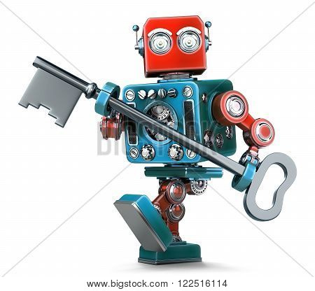 Retro robot holding a big antique key in his hands. 3D illustration. Isolated. Contains clipping path