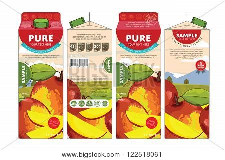 Template packaging design mango juice. Concept pack design of fruit juice. Abstract cardboard box for juice. Vector packaging of mango juice. Packaging elements of cardboard box template. Fruit mango juice