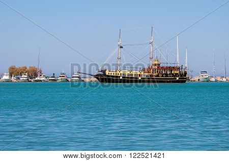 Old wooden two-masted ship in Zakynthos port