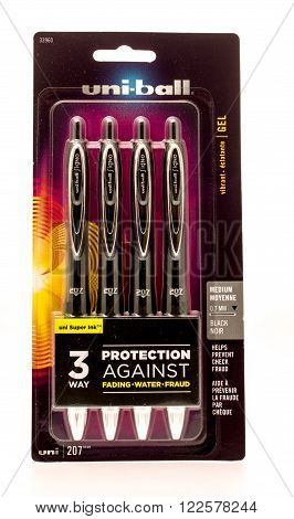 Winneconne WI -27 Sept 2015: Package of Uni-ball Singo gel pens.
