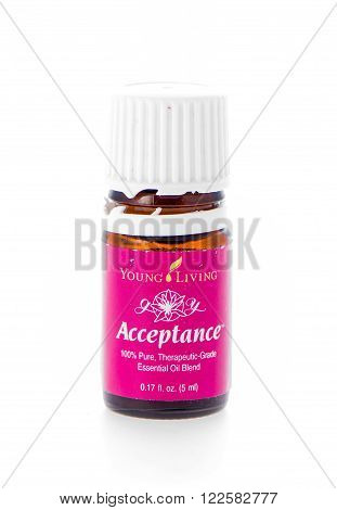 Winneconne WI - 19 February 2015: Bottle of Young Living Acceptance essential oil supplement.