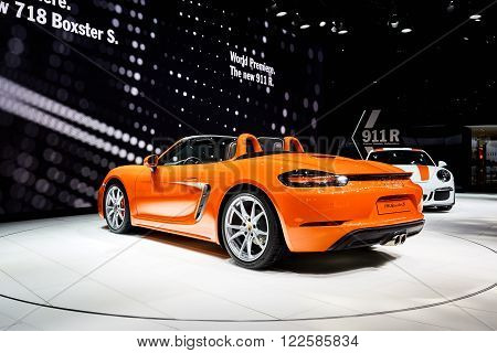 Geneva, Switzerland - March 1, 2016: 2016 Porsche 718 Boxster S presented on the 86th Geneva Motor Show in the PalExpo