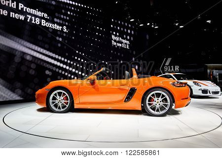 Geneva, Switzerland - March 1, 2016: 2016 Porsche 718 Boxster S presented on the 86th Geneva Motor Show in the PalExpo