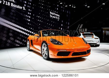 Geneva, Switzerland - March 1, 2016: 2016 Porsche 718 Boxster S presented on the 86th Geneva Motor Show in the PalExpo