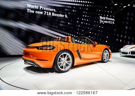 Geneva, Switzerland - March 1, 2016: 2016 Porsche 718 Boxster S presented on the 86th Geneva Motor Show in the PalExpo