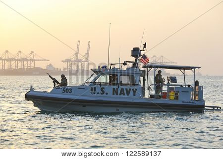 GULF OF ADEN, DJIBOUTI FEBRUARY 06, 2016: US NAVY inshore security patrolling in port of Djibouti