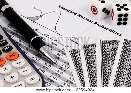 Card Game, Calculator, Dice And Pen On Standard Normal Probalilities Table.