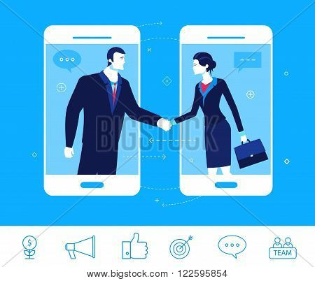 Flat design vector concept illustration. Good deal. Negotiations businessman and businesswoman.  Good profit. Vector clipart. Icons set.