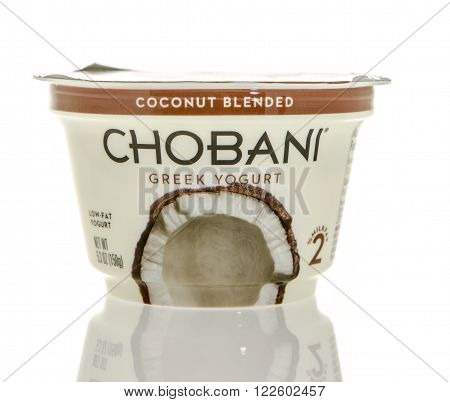 Winneconne, WI - 26 Feb 2016: Container of Chobani Greek yogurt in coconut flavor.