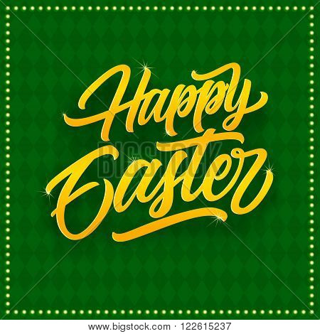 Golden happy Easter inscription isolated on dark green background with rhombs