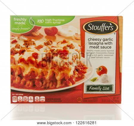 Winneconne WI - 2 March 2016: Box of Stouffer's dinner of cheesy garlic lasagna with meat sauce