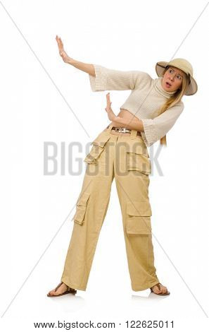 Pretty woman in beige trousers isolated on white