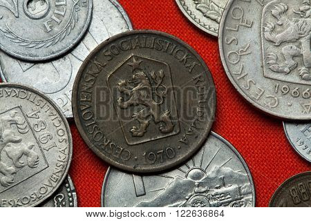 Coins of Czechoslovakia. Coat of arms of the Czechoslovak Socialist Republic depicted in the Czechoslovak one koruna coin (1970).