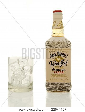 Winneconne WI - 19 March 2016: A bottle of Jack Daniel's winter jack whisky with a glass of ice.