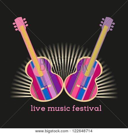 Vector Typography Concept live music festival acoustic guitar poster. Template for music concert background. Design idea for live musiic quitar show poster flyer banner. Vector illustration.