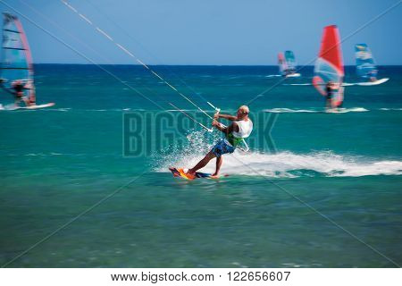 Greece, Rhodes - July 16  Kitesurfing in Prasonisi on July 16, 2014 in Rhodes, Greece