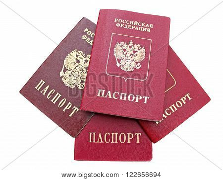 Several passports of a citizen of Russian Federation isolated on white background. The inscriptions in Russian 