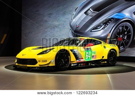 GENEVA, SWITZERLAND - MARCH 1: Geneva Motor Show on March 1, 2016 in Geneva, Chevrolet Corvette Z06, front-side view