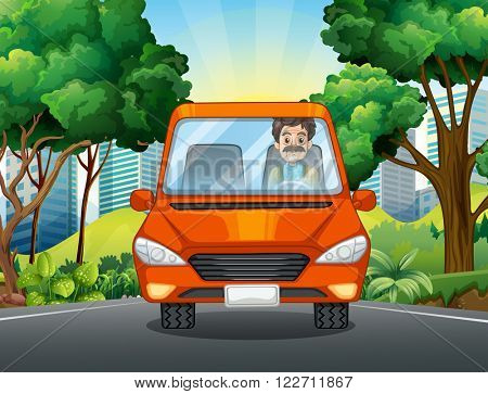 Man driving car on the road illustration