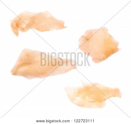 Slice of pickled ginger isolated over the white background, set of four different foreshortenings