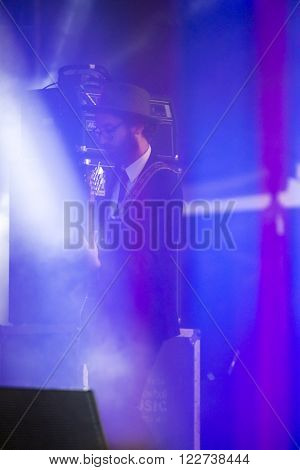 Editorial documentary  France Evreux June 24 2015. Goup ST PAUL AND THE BROKEN BONES. Leader Paul Janeway.   Festival Rock dans tous ses etats. Concert festival music pop rock outside group party light  France