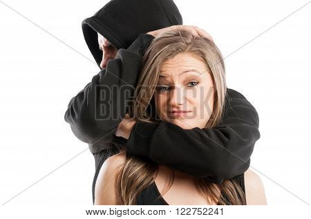 Mad male aggressor and confident and fearless female laughing not impressed. Harassment concept on white background.