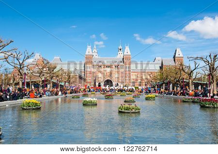 AMSTERDAM-APRIL 27: The Rijksmuseum as seen from the Museumplein during King's Day on April 27 2015 the Netherlands. The Rijksmuseum is a Netherlands national museum dedicated to arts and history.