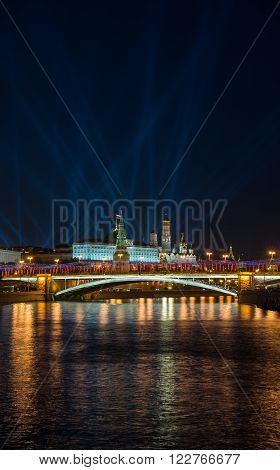 Night view from the Moscow river to the Kremlin