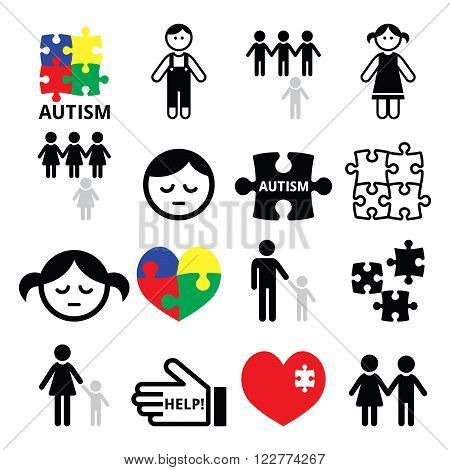 Autism awareness puzzles, autistic children icons set