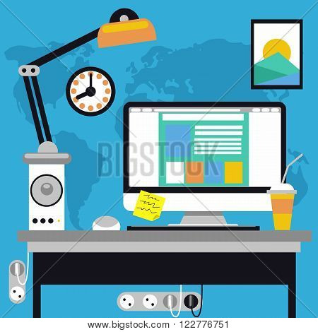 Modern office interior with designer desktop in flat design. Interior office room space. Vector illustration. Working place in modern office interior. Computer monitor on desk