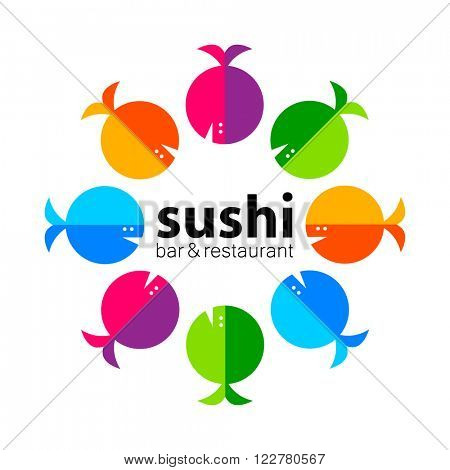 Sushi logo. Sushi bar restaurant design element. Sushi food,  sashimi, japanese food, sushi fish, sushi chef, sushi menu, japanese restaurant. Vector illustration. 