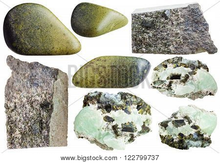 Set Of Green Epidote Crystals And Polished Stones